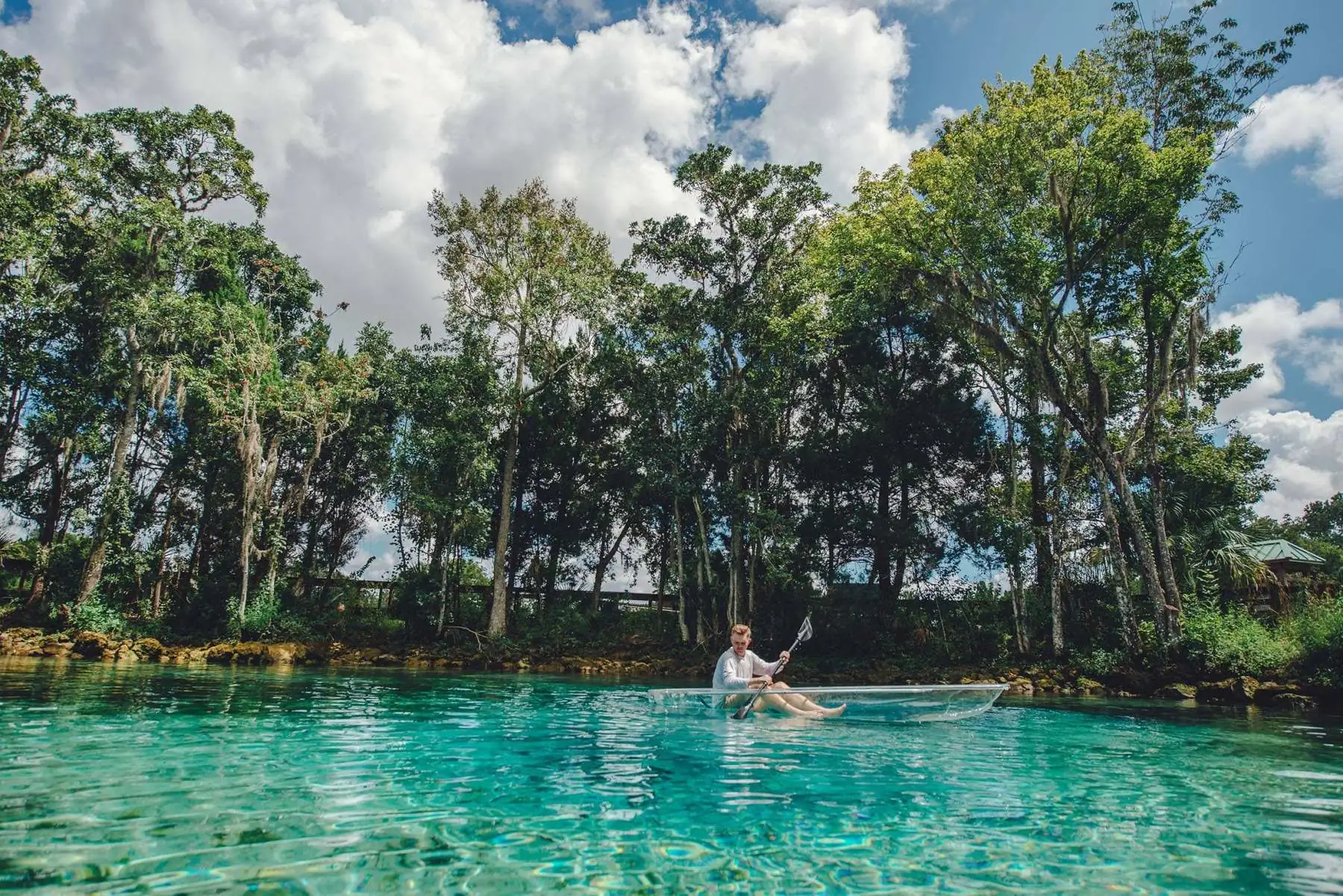 Clear kayaks floating on the turquoise water of Three Sisters Springs, ringed by trees