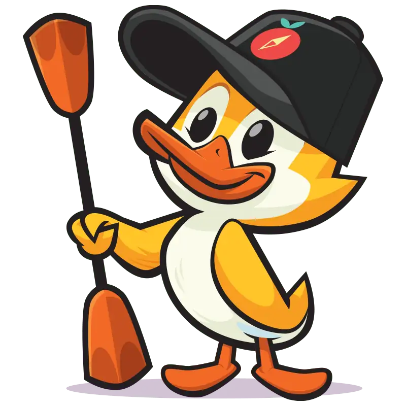 Paddles, a cartoon gosling in a black cap holding an orange kayak paddle